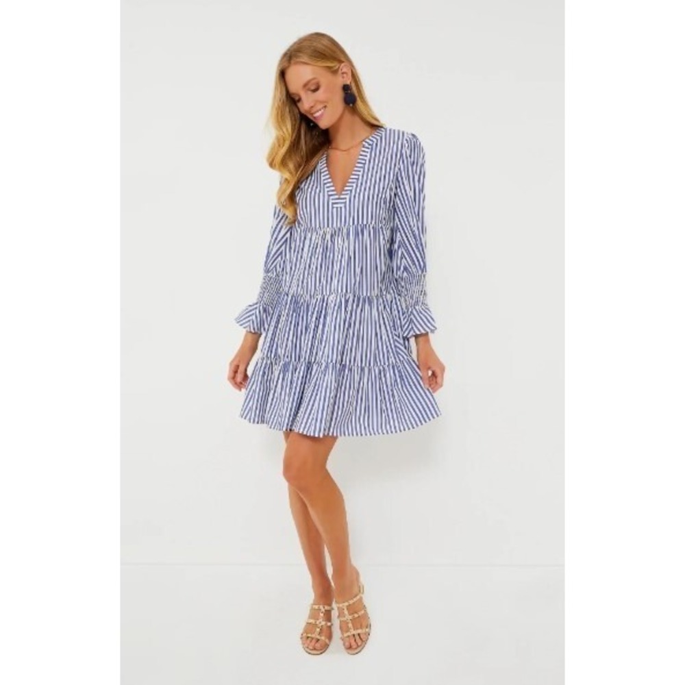 Pomander Place Kenzo Dress Blue White Striped Cotton Poplin Tiered Mini Size S